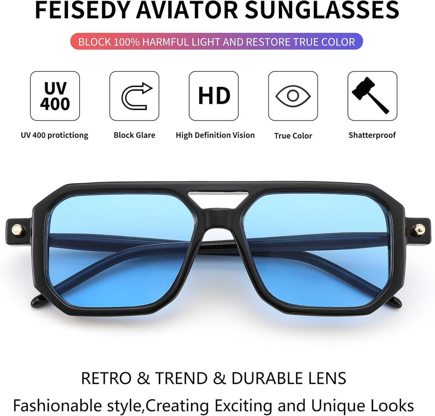 Vintage Square 70S Flat Aviator Sunglasses Women Men Classic Retro Stylish Frame UV400 Sunglasses B2622