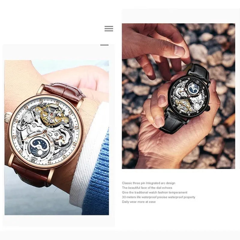 KINYUED Mechanical Automatic Watch Men Tourbillon Wristwatch Sports Clock Mechanism Self Winding Watches Casual Moon Horloge Man Watches