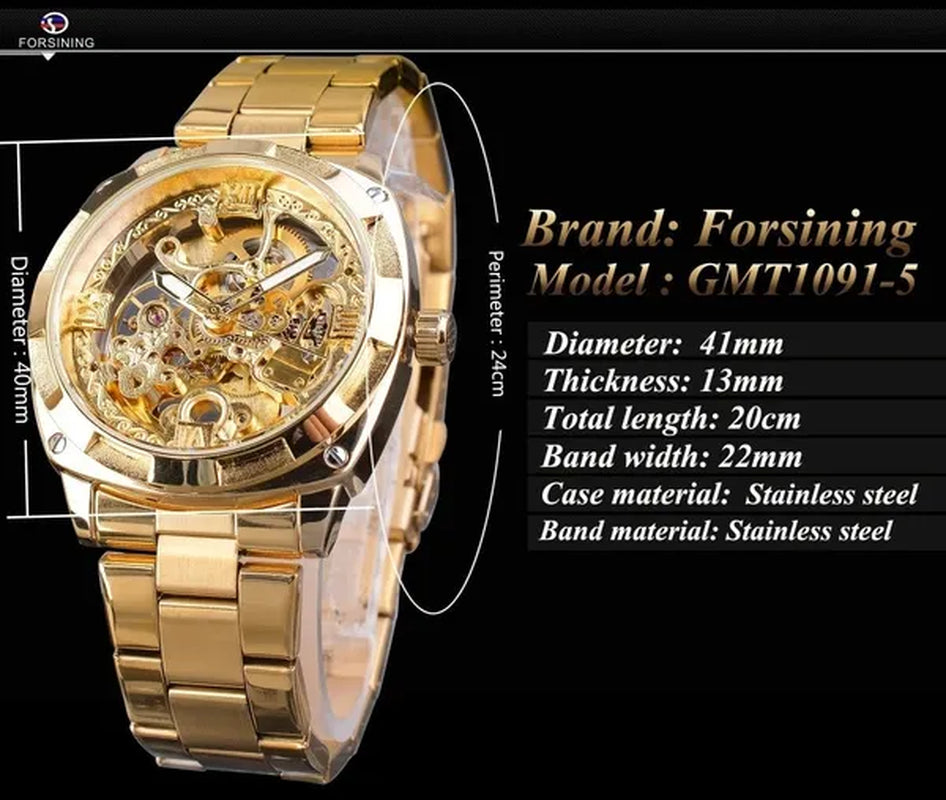 FORSINING New Top Quality Men Luxury Skeleton Automatic Winding Mechanical Watches Gold Stainless Steel Waterproof Wristwatch with Gift Box