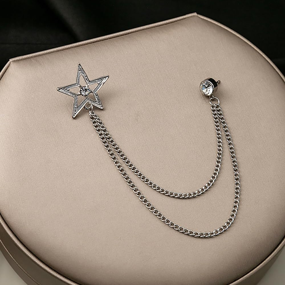 Vintage Star Long Chain Lapel Brooch Pin with Hanging Tassel Rhinestone CZ Button Pins for Women Men Suit Dress Tuxedo Tie Shirt Jacket Backpack Jewelry Gifts for Bridegroom