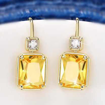Trendy Square Cut Citrine Earrings for Women Yellow Gold Plated Gemstone Hook Drop Earrings Jewelry Gift