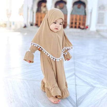 Newborn Infant Baby Girls Prayer Dress Muslim Clothes for Toddler Kids Long Sleeve Abaya with Hijab Two Piece Set