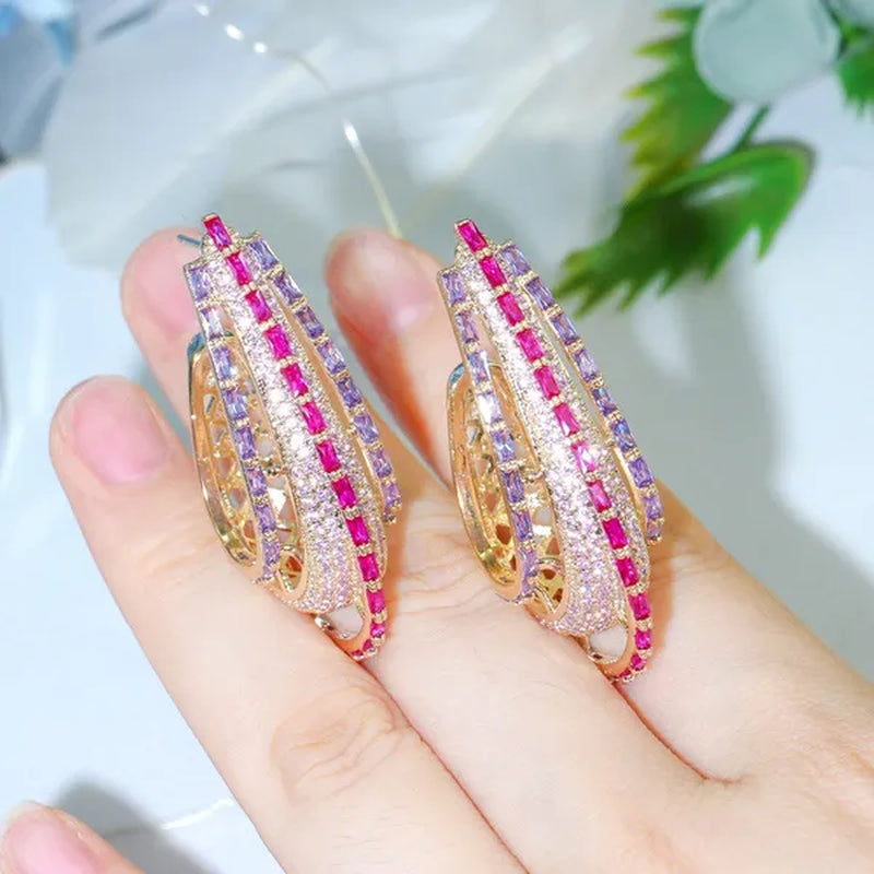 CANDICE Dubai Luxury Trendy Ear Jewelry Full Micro Pave Rose Red Purple CZ Crystal Hollow-out Design Arc Hoop Earrings for Dinner Party