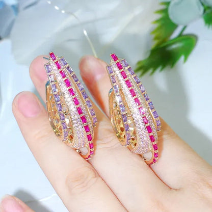 CANDICE Dubai Luxury Trendy Ear Jewelry Full Micro Pave Rose Red Purple CZ Crystal Hollow-out Design Arc Hoop Earrings for Dinner Party