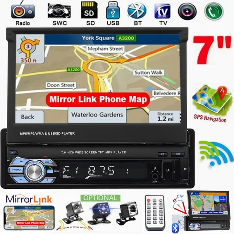 7Inch HD Retractable Touch Screen 1Din Car Stereo Audio Bluetooth Car Radio FM USB Support Mirror Link and Backup Camera(Optional)