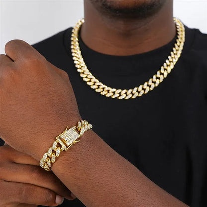 Hip Hop Iced Out Paved Rhinestones 13MM Full Miami Curb Cuban Chain CZ Bling Rapper Necklaces Bracelet Watch for Men Jewelry Set