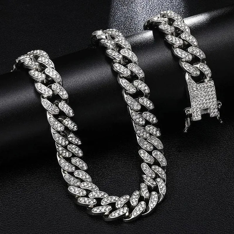 Fashion Gold Stainless Steel Hip Hop Jewelry Iced Out Diamond Thick Miami Cuban Link Chain Necklace Bracelet Watch Ring Jewelry Set