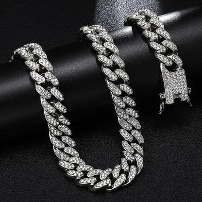 Fashion Gold Stainless Steel Hip Hop Jewelry Iced Out Diamond Thick Miami Cuban Link Chain Necklace Bracelet Watch Ring Jewelry Set