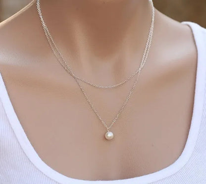 Womens Double Gold Plated Chains Pearl Charm Pendant Necklace