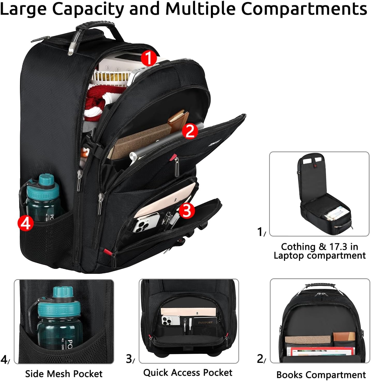 Rolling Backpack, Travel Backpack with Wheels, Carry on Backpacks with 3 Packing Cubes, 17.3 Inch Wheeled Laptop Backpack for Men Women Adults to Travel Work Business Black