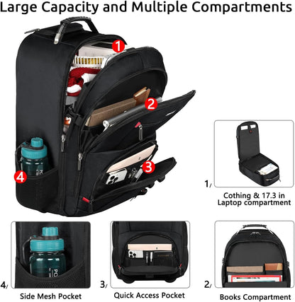 Rolling Backpack, Travel Backpack with Wheels, Carry on Backpacks with 3 Packing Cubes, 17.3 Inch Wheeled Laptop Backpack for Men Women Adults to Travel Work Business Black