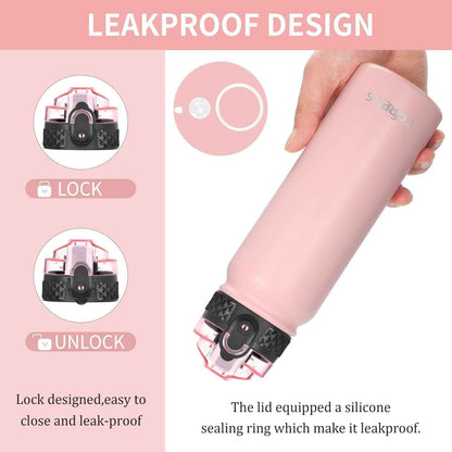 Kids Water Bottle with Straw Spout Wide Mouth Lid 20 Oz Double Walled Metal Insulated Stainless Steel Water Bottles Leak Proof with Strap Handle for Boys Girls School (Pink, 1 Lid）