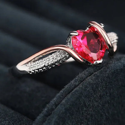 Trendy Gold Silver Two Tone Silver Plated Heart Ruby Micro Pave Lab Diamond Rings for Women Romantic Wedding Fine Jewelry