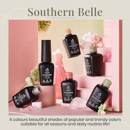 SOUTHERN BELLE Glitter Nude Gel Polish Set - 6 Pcs Coral Green Light Blue Gel Polish Kit Soak off Uv Nail Gel Base and Top Coat Needed Varnish Salon Nail Art Design