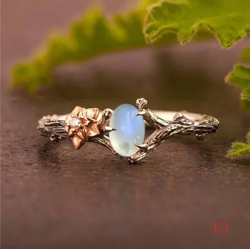 Vintage Maple Leaves & Flower Ring Set Antique Silver Women'S Fashion Twig Leaf Opal & Moonstone Ring Anniversary Gift Engagement Bridal Wedding Jewelry Rings Size 5-10