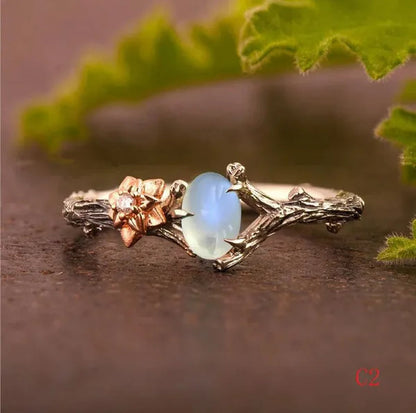 Vintage Maple Leaves & Flower Ring Set Antique Silver Women'S Fashion Twig Leaf Opal & Moonstone Ring Anniversary Gift Engagement Bridal Wedding Jewelry Rings Size 5-10