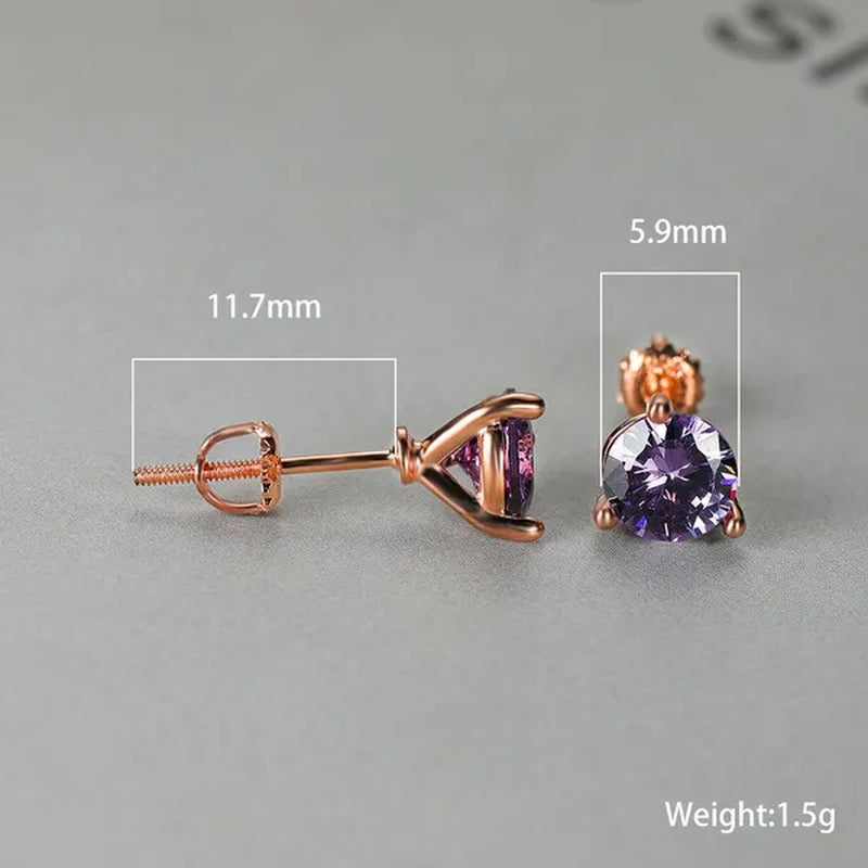 Chic 18K Gold Three-Prong Martini Round Amethyst Stud Earrings Bride Wedding Engagement Jewelry Gifts 6mm/7mm/8mm