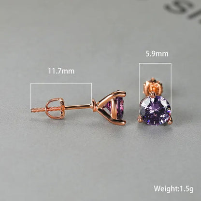 Chic 18K Gold Three-Prong Martini Round Amethyst Stud Earrings Bride Wedding Engagement Jewelry Gifts 6mm/7mm/8mm