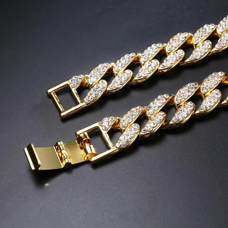 2 Pcs/set Luxury Full Iced Out Watch Mens Cuban Link Chain Bracelet Watch Bling Jewelry for Men Big Gold Chains Hip Hop Men Watch Set