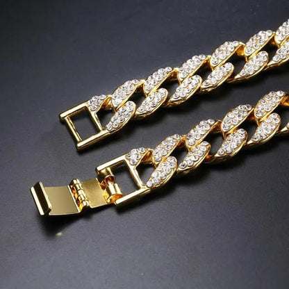 2 Pcs/set Luxury Full Iced Out Watch Mens Cuban Link Chain Bracelet Watch Bling Jewelry for Men Big Gold Chains Hip Hop Men Watch Set