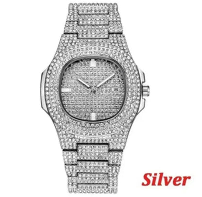 Men's Hip Hop Fashion Luxury 18K Gold and 925 Silver Ice-wound Hip Hop Diamond Watch Miami Cuban Bracelet and Ladies Watch Silver Diamond Bracelet Men and Women Hip Hop Party Jewelry