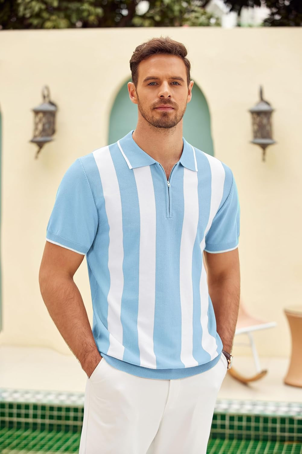 Men'S Zipper Polo Shirt Casual Knit Short Sleeve Polo T Shirt Classic Fit Shirts