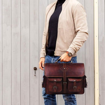 Vintage Leather Laptop Bag for Men Full Grain Large Leather Messenger Bag for Men 18 Inches with Rustic Look Best Leather Briefcase