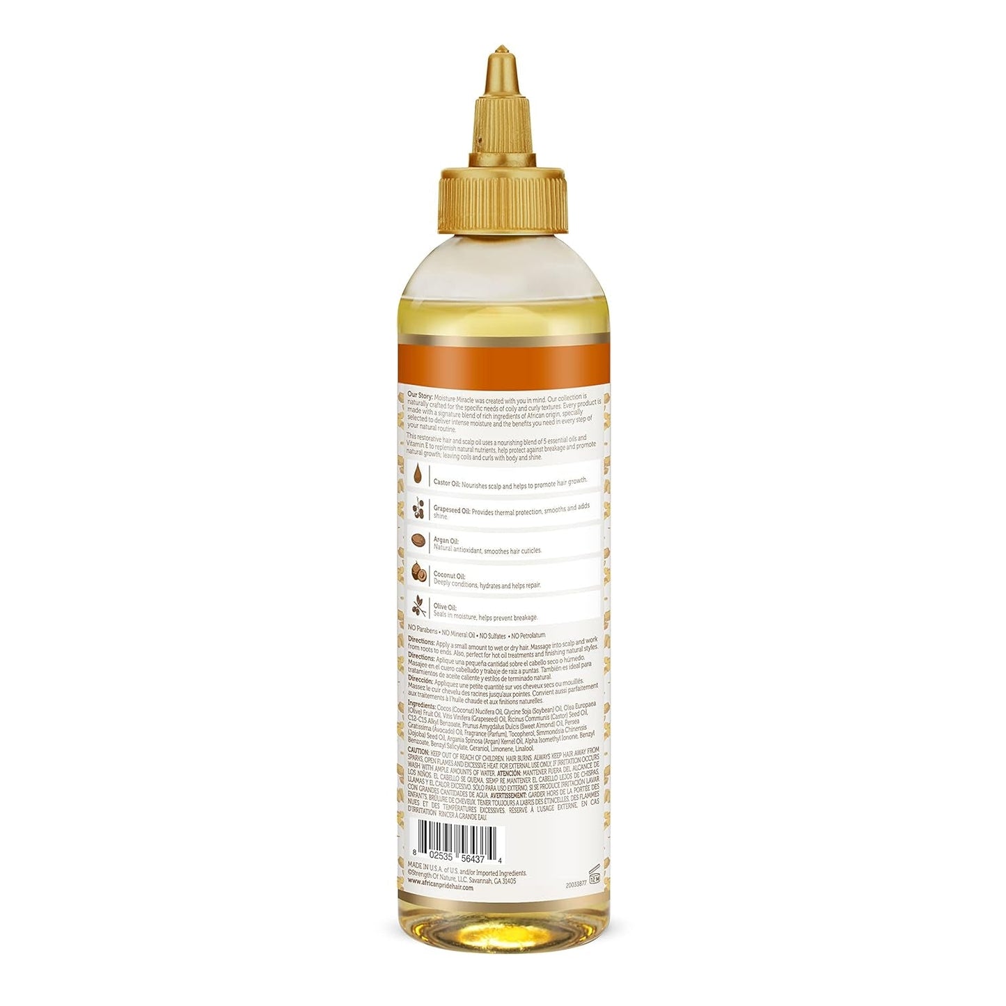 Moisture Miracle 5 Essential Hair Oils - Contains Castor, Grapeseed, Argan, Coconut & Olive Oil, Seals in Moisture & Adds Shine to Hair, Vitamin E, 8 Oz