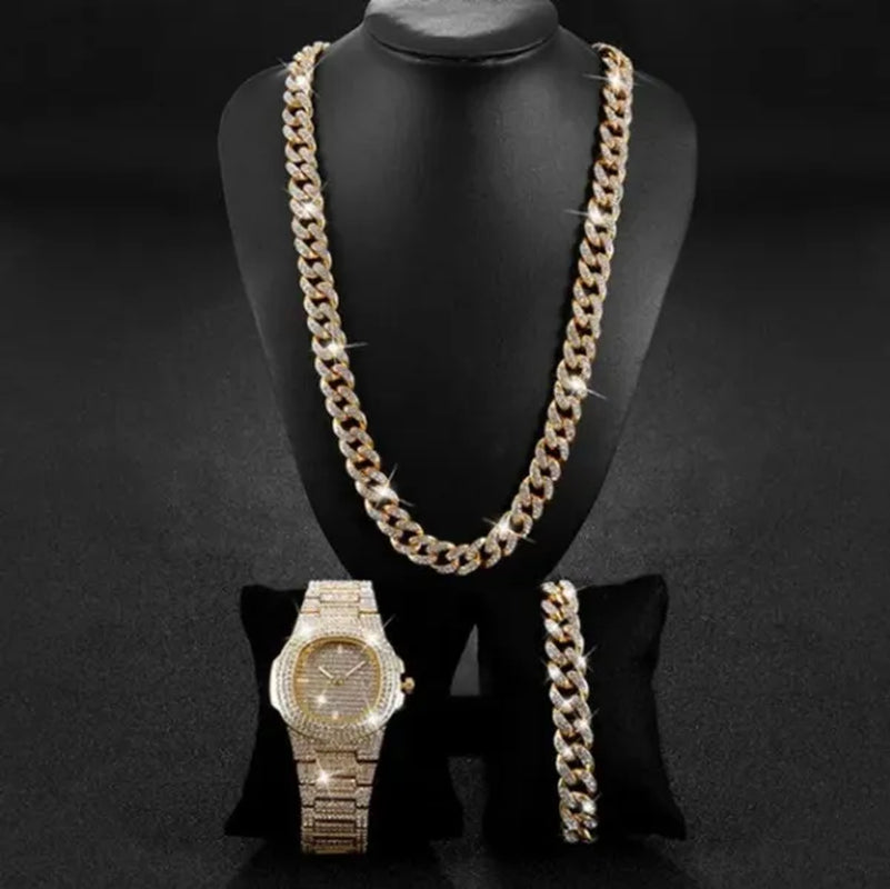 Men's Hip Hop Fashion Luxury 18K Gold and 925 Silver Ice-wound Hip Hop Diamond Watch Miami Cuban Bracelet and Ladies Watch Silver Diamond Bracelet Men and Women Hip Hop Party Jewelry