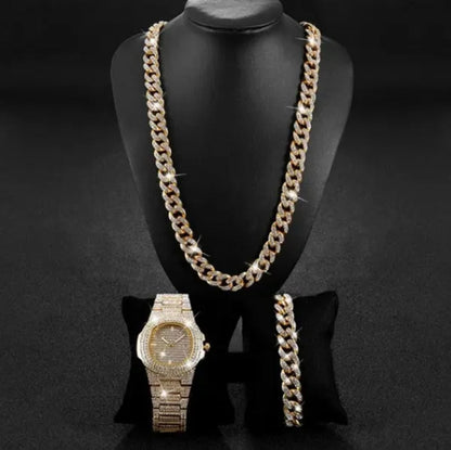 Men's Hip Hop Fashion Luxury 18K Gold and 925 Silver Ice-wound Hip Hop Diamond Watch Miami Cuban Bracelet and Ladies Watch Silver Diamond Bracelet Men and Women Hip Hop Party Jewelry