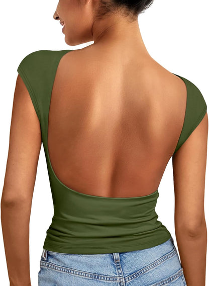 Womens Backless Tops Open Back Shirts Summer Crop Shirts Short Sleeve Cute Clothes Y2K Clothing 2025