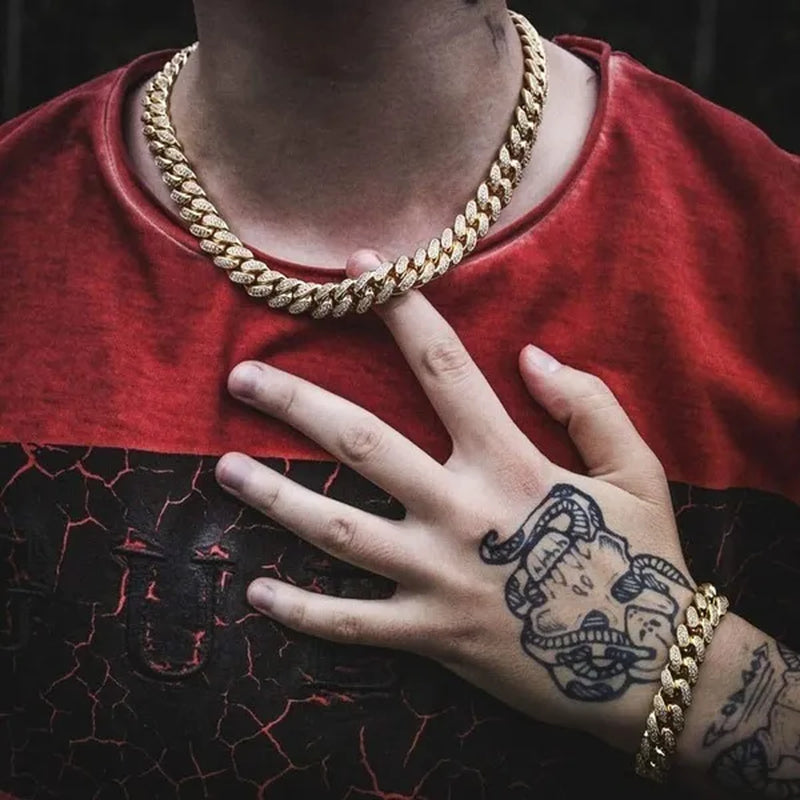 Iced Out Watch 18K Gold Diamond Miami Cuban Chain Link Choker Hip Hop Jewelry Gold Chain for Men Necklace Bracelet Ring Set