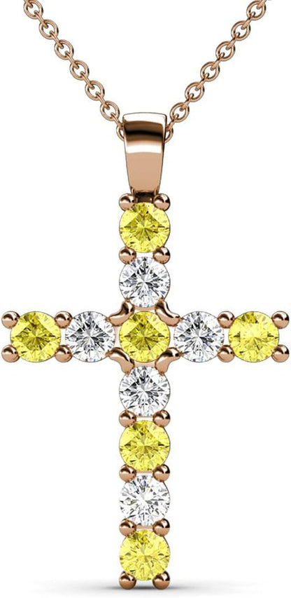 Yellow Sapphire & Natural Diamond (SI2-I1, G-H) Cross Pendant 0.85Ctw 14K Gold. Included 16 Inches 14K Gold Chain.