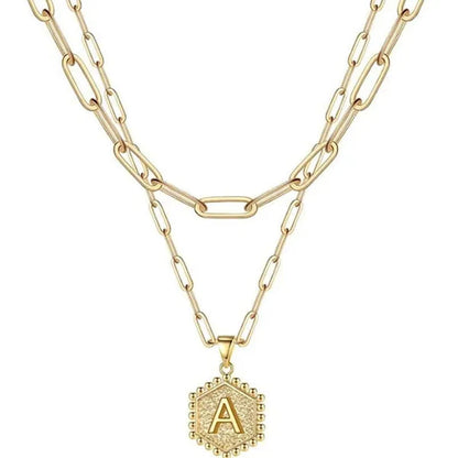 Dainty Layered Initial Necklaces for Women, 14K Gold Plated Paperclip Chain Necklace Simple Cute Hexagon Letter Pendant Initial Choker Necklace Gold Layered Necklaces for Women