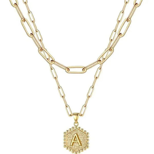 Dainty Layered Initial Necklaces for Women, 14K Gold Plated Paperclip Chain Necklace Simple Cute Hexagon Letter Pendant Initial Choker Necklace Gold Layered Necklaces for Women