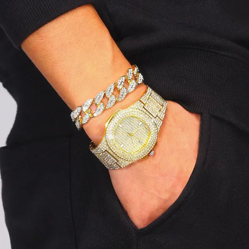 2 Pcs/set Luxury Full Iced Out Watch Mens Cuban Link Chain Bracelet Watch Bling Jewelry for Men Big Gold Chains Hip Hop Men Watch Set