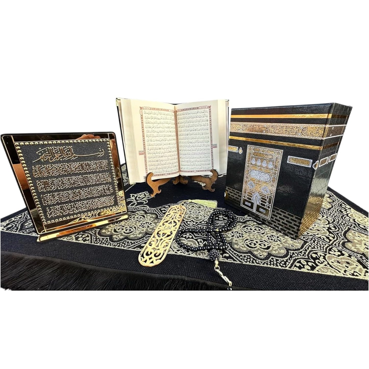 Muslim Prayer Rug, Islamic Gift Set, Velvet Full Arabic Quran, Elegant Kaaba Design Box, Ayat El Kursi Table Top, Prayer Beads, Bookmark, Janamaz, Salah Mat (KAABA)