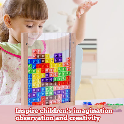 Wooden Blocks Puzzle Brain Teasers Toy, Intelligent Colorful 3D Plastic Blocks Game with Vertical Wood Frame Game Board, Tangram Educational Montessori Toys Gift for Kids Age 4-8 Years Old