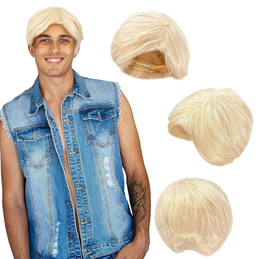 '- Blonde Beach Dude Wig - Short Synthetic Layered Bleach Blond Doll Costume Hair for Men with Adjustable Wig Cap