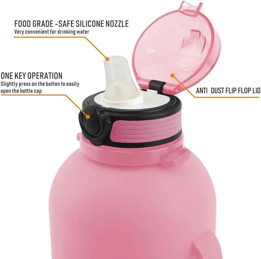 68 Oz Collapsible Silicone Water Bottles with Straw for Traveling/Running, Half Gallon Motivational Water Bottle Jug with Time Marker (Flamingo Pink)