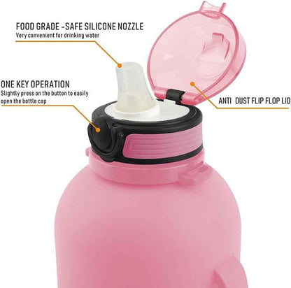 68 Oz Collapsible Silicone Water Bottles with Straw for Traveling/Running, Half Gallon Motivational Water Bottle Jug with Time Marker (Flamingo Pink)
