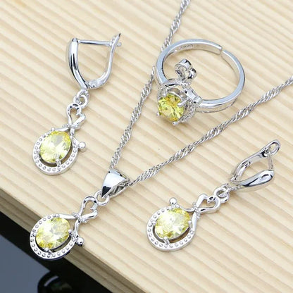 925 Sterling Silver Jewelry Sets Yellow Topaz Gemstone Wedding Women Earrings/Pendant/Necklace/adjustable Ring/Bracelets