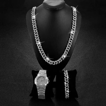Hip Hop Iced Out Paved Rhinestones 13MM Full Miami Curb Cuban Chain CZ Bling Rapper Necklaces Bracelet Watch for Men Jewelry Set