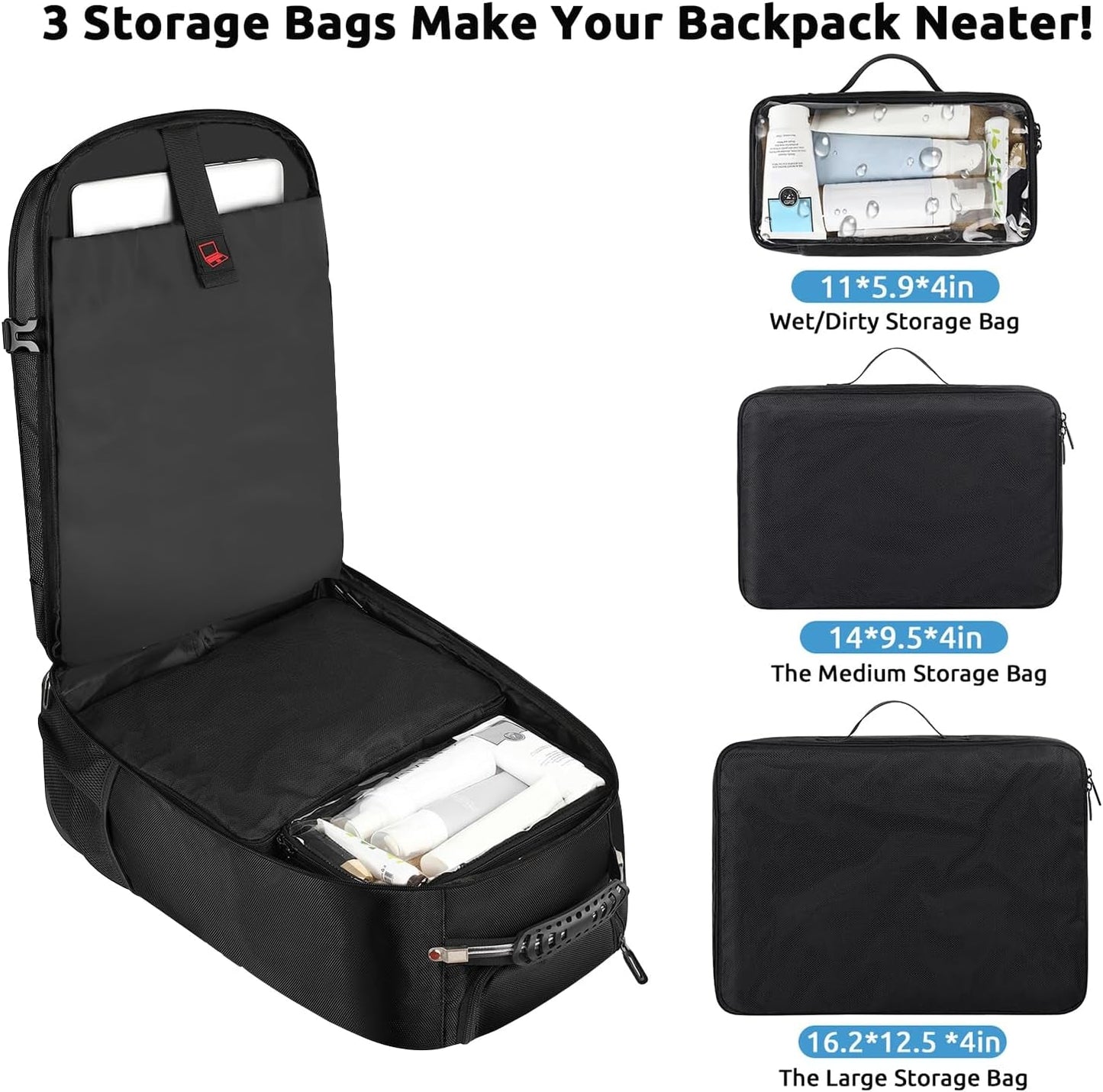 Rolling Backpack, Travel Backpack with Wheels, Carry on Backpacks with 3 Packing Cubes, 17.3 Inch Wheeled Laptop Backpack for Men Women Adults to Travel Work Business Black