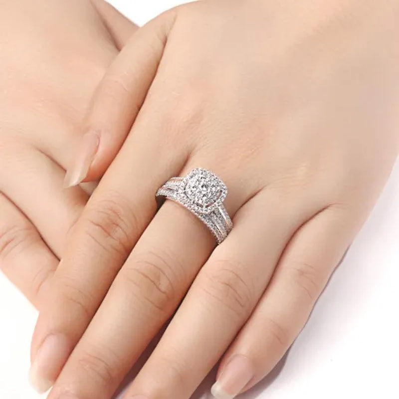 Wedding Rings 2 Pcs/Set Micro Pave Moissanite Square Rings for Women Princess Engagement Proposal Gift