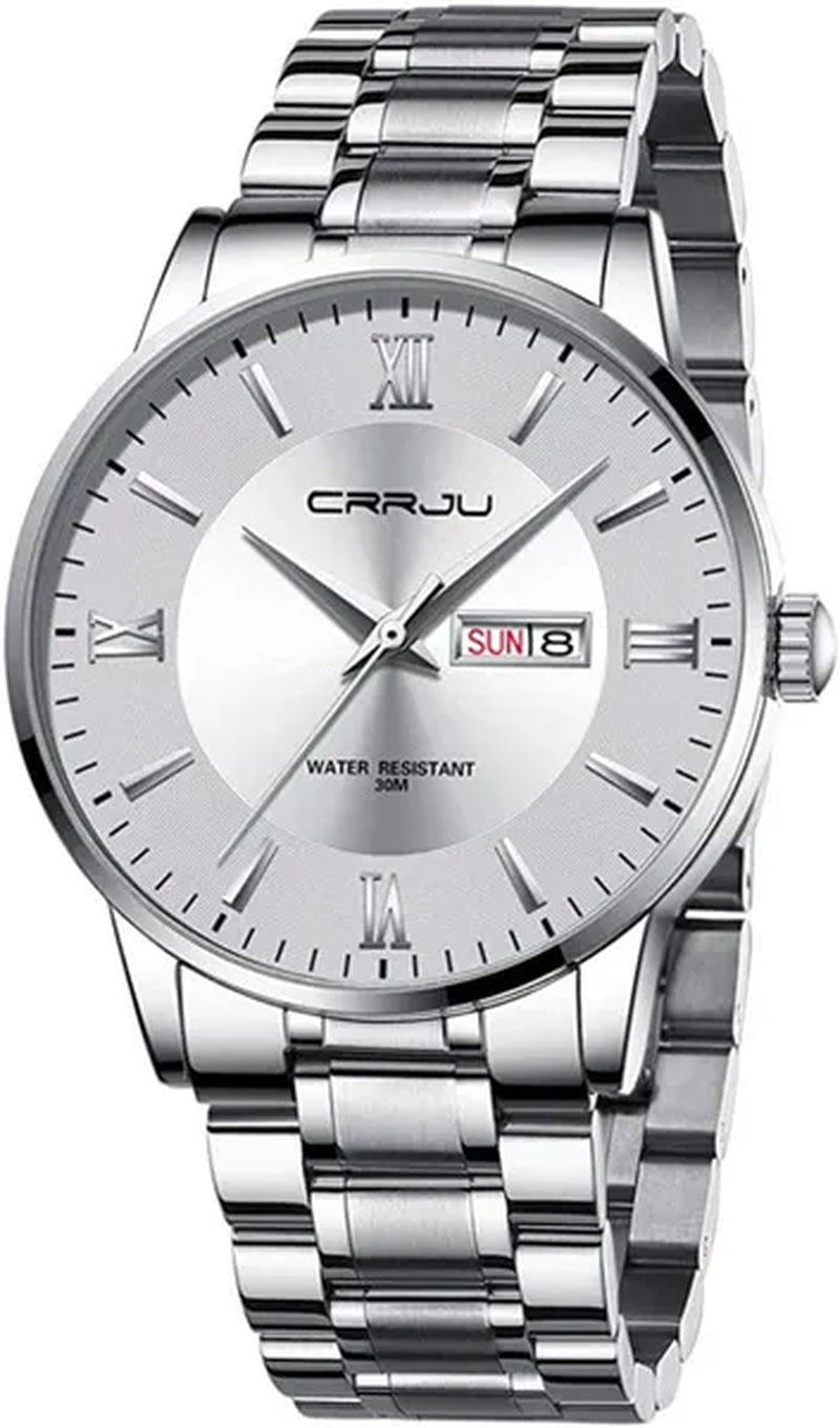 CRRJU Men's Minimalist Leisure Luxury Automatic Dating Watch Fashion Business Japanese Movement Quartz Waterproof Watch Men's Silver Stainless Steel Watch Band