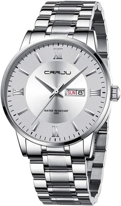 CRRJU Men's Minimalist Leisure Luxury Automatic Dating Watch Fashion Business Japanese Movement Quartz Waterproof Watch Men's Silver Stainless Steel Watch Band