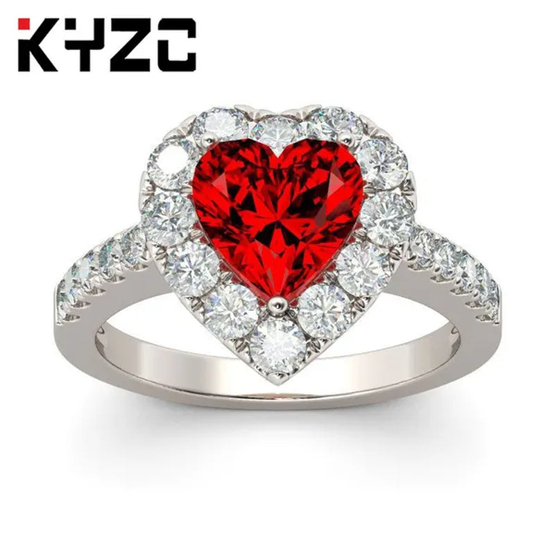 Beauty Silver Crystal Zircon Ruby Love Heart Ring Engagement Ring Gift Wedding Party Rings Female Ring Size 6-10