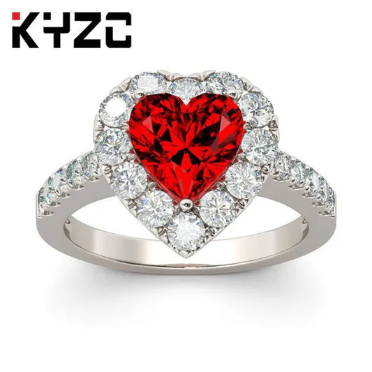 Beauty Silver Crystal Zircon Ruby Love Heart Ring Engagement Ring Gift Wedding Party Rings Female Ring Size 6-10