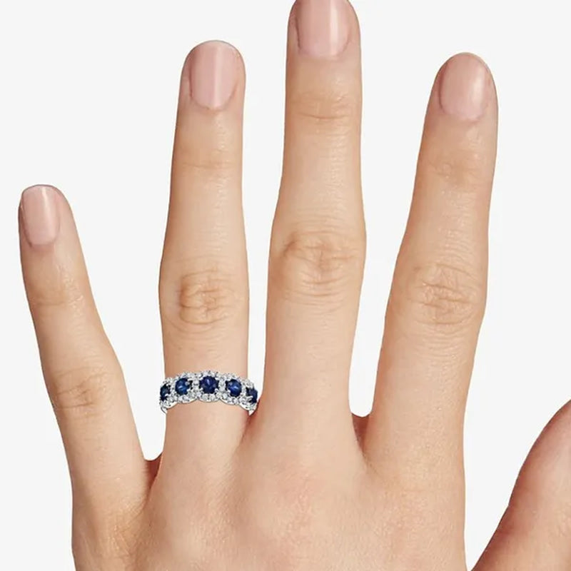 Trendy Women Wedding Rings Silver Plated Diamond Blue Sapphire 5 Stone Rings Bridal Engagement Party Ring Jewelry